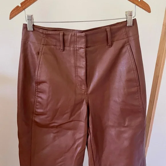 Aritzia Wilfred Free High Waisted Straight Leg Vegan Leather Pants in Chocolate - Picture 3 of 5